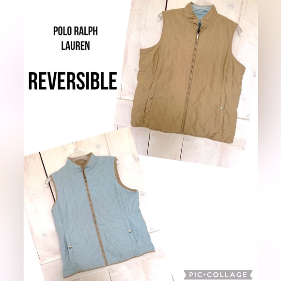 POLO Ralph Lauren Quilted Reversible Vest‎ Tan & Blue Gold Hardware Size Large - Picture 1 of 14